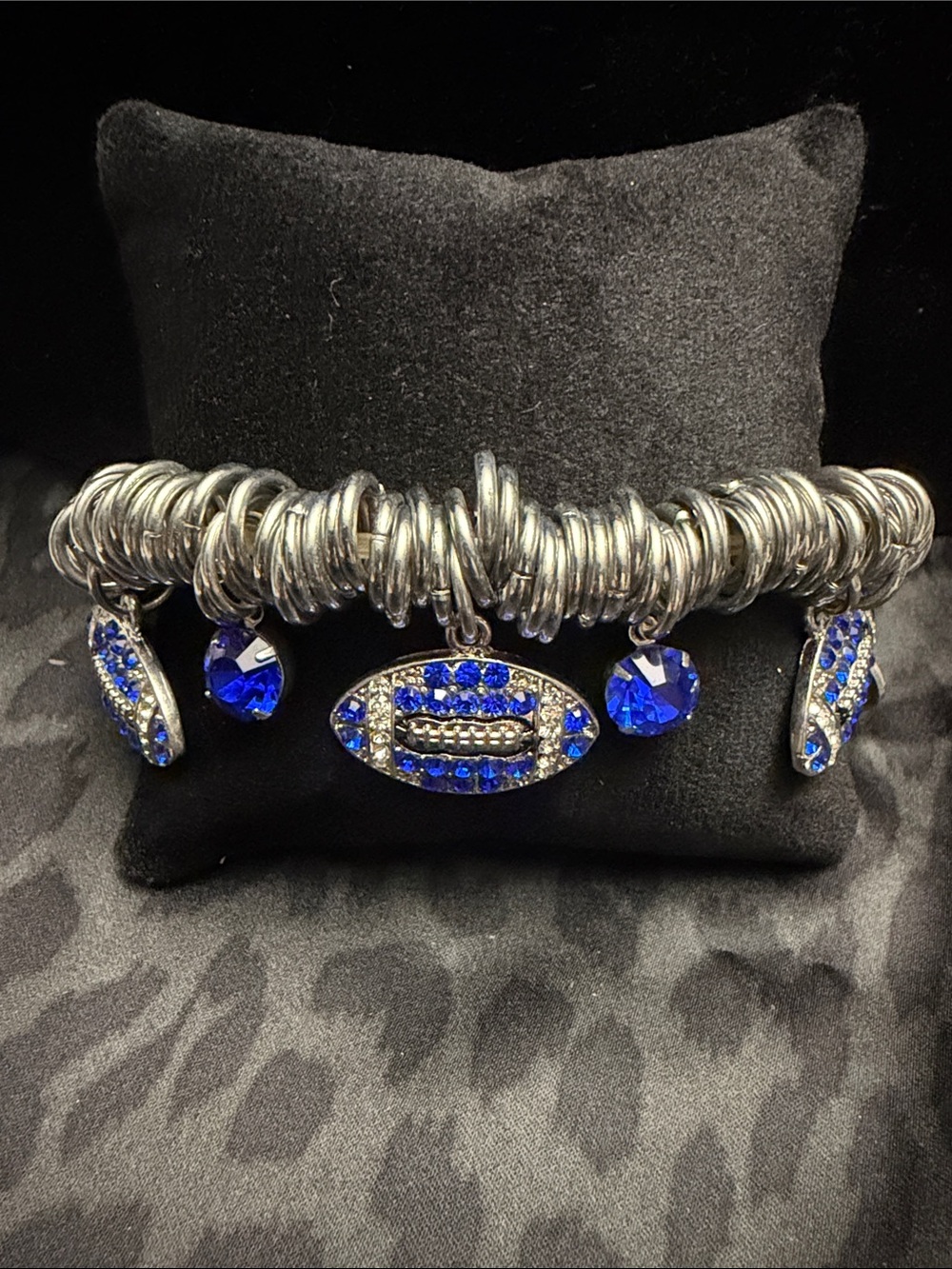 Football Charm Stretch Bracelet with Royal Blue Accents